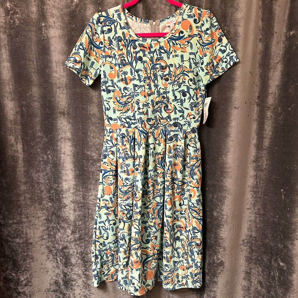 LuLaRoe Amelia Dress Teal/Orange/Navy M